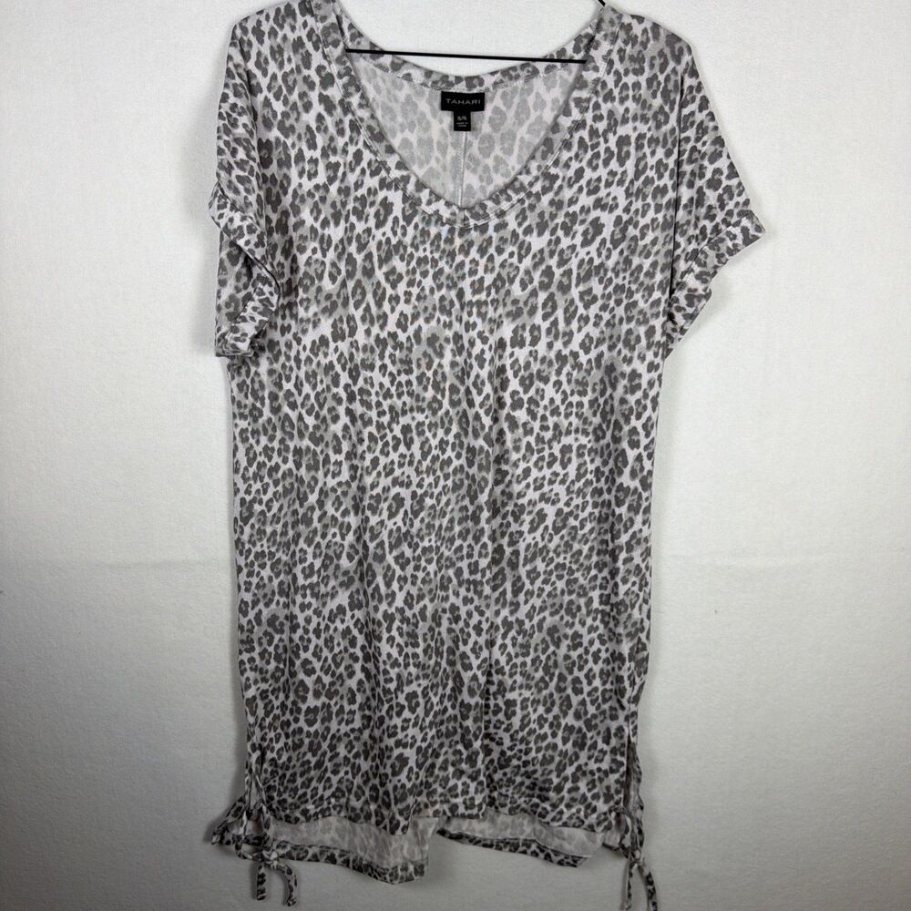 Tahari Womens XL Nightie Gray Animal Print V-Neck Short Sleeve Nightgown Dress